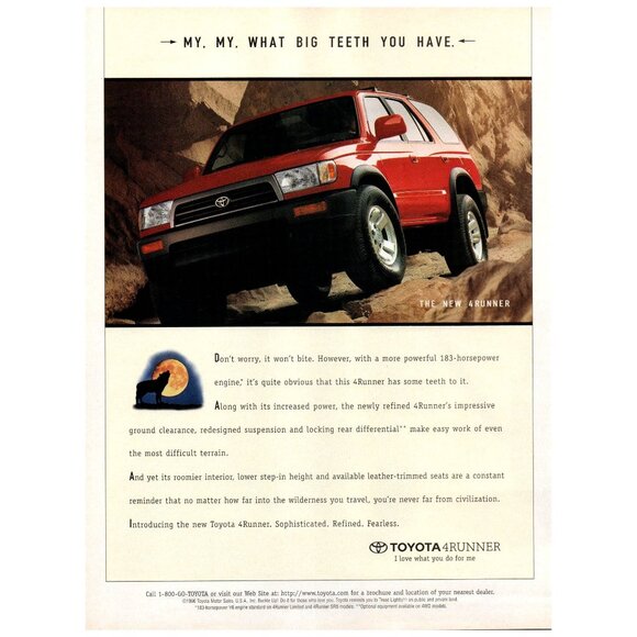 1996 Toyota 4Runner SUV Vintage Print Ad Howling Wolf Off Road 4x4 90s Wall Art - Picture 1 of 2